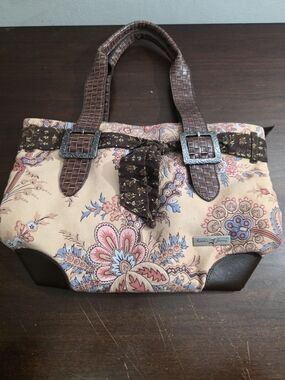 Isabella's Journey floral tapestry handbag buckle accents brown Faux Leather